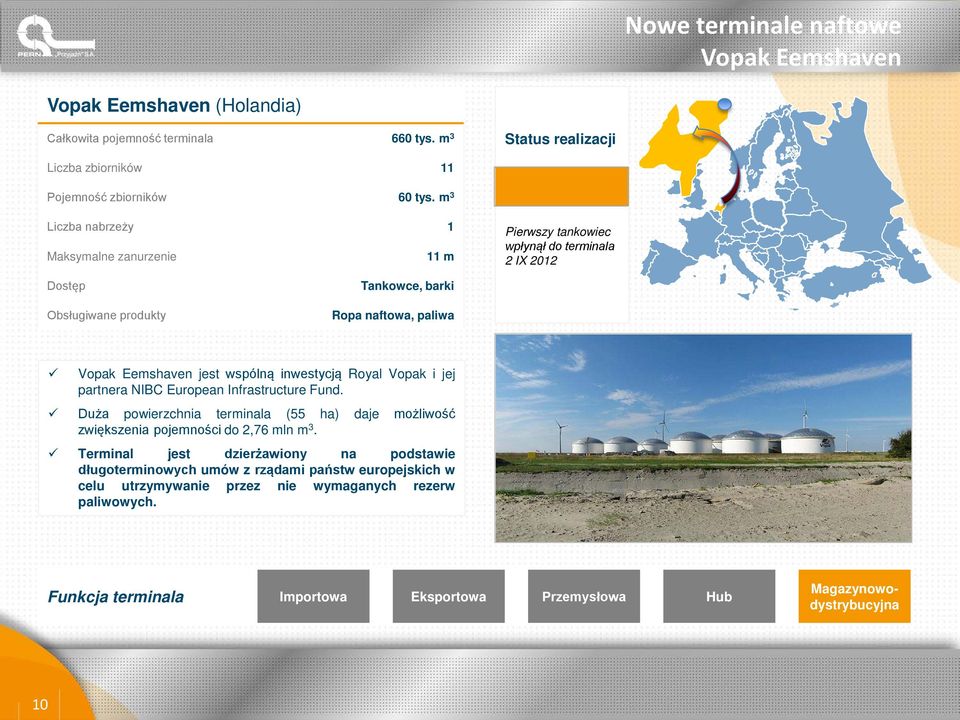Eemshaven jest wspólną inwestycją Royal Vopak i jej partnera NIBC European Infrastructure Fund. Duża powierzchnia terminala (55 ha) daje możliwość zwiększenia pojemności do 2,76 mln m 3.