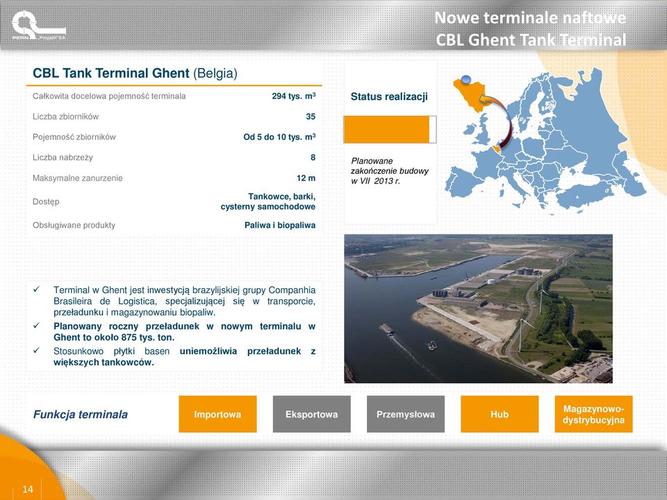 Dostęp Obsługiwane produkty Tankowce, barki, cysterny samochodowe Paliwa i biopaliwa Terminal w Ghent jest inwestycją brazylijskiej grupy Companhia Brasileira de Logistica, specjalizującej się w