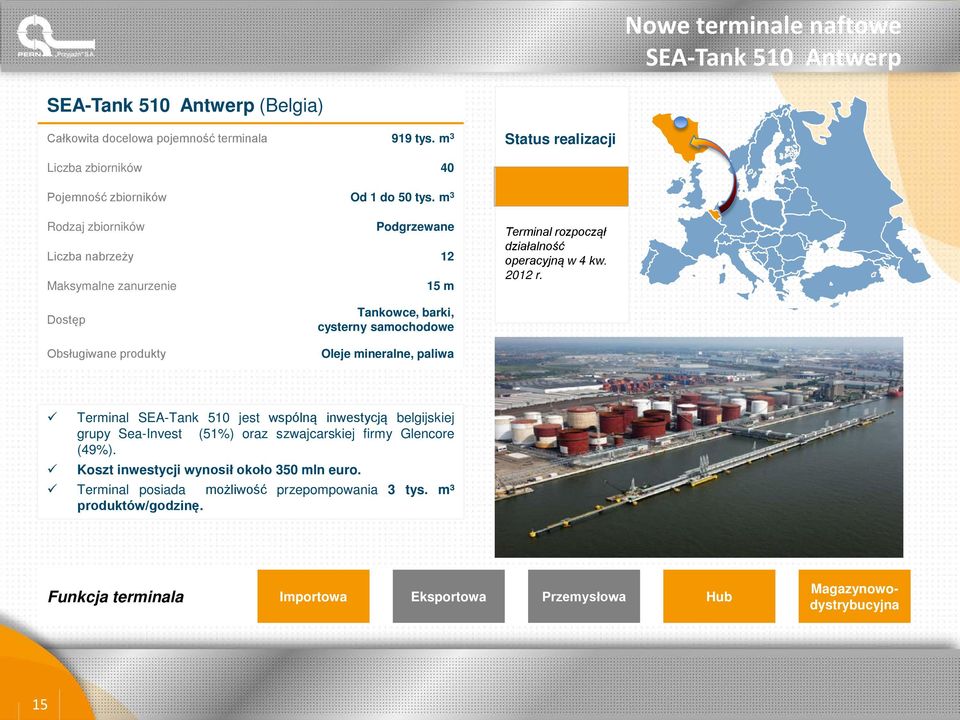 Dostęp Obsługiwane produkty Tankowce, barki, cysterny samochodowe Oleje mineralne, paliwa Terminal SEA-Tank 510 jest wspólną inwestycją belgijskiej grupy Sea-Invest (51%) oraz