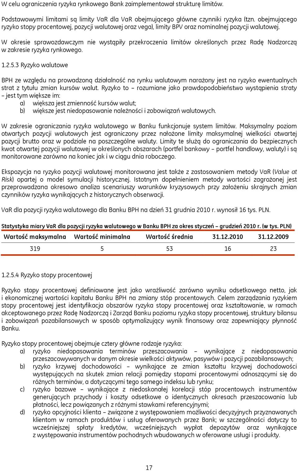 W okresie sprawozdawczym nie wystąpiły przekroczenia limitów określonych przez Radę Nadzorczą w zakresie ryzyka rynkowego. 1.2.5.