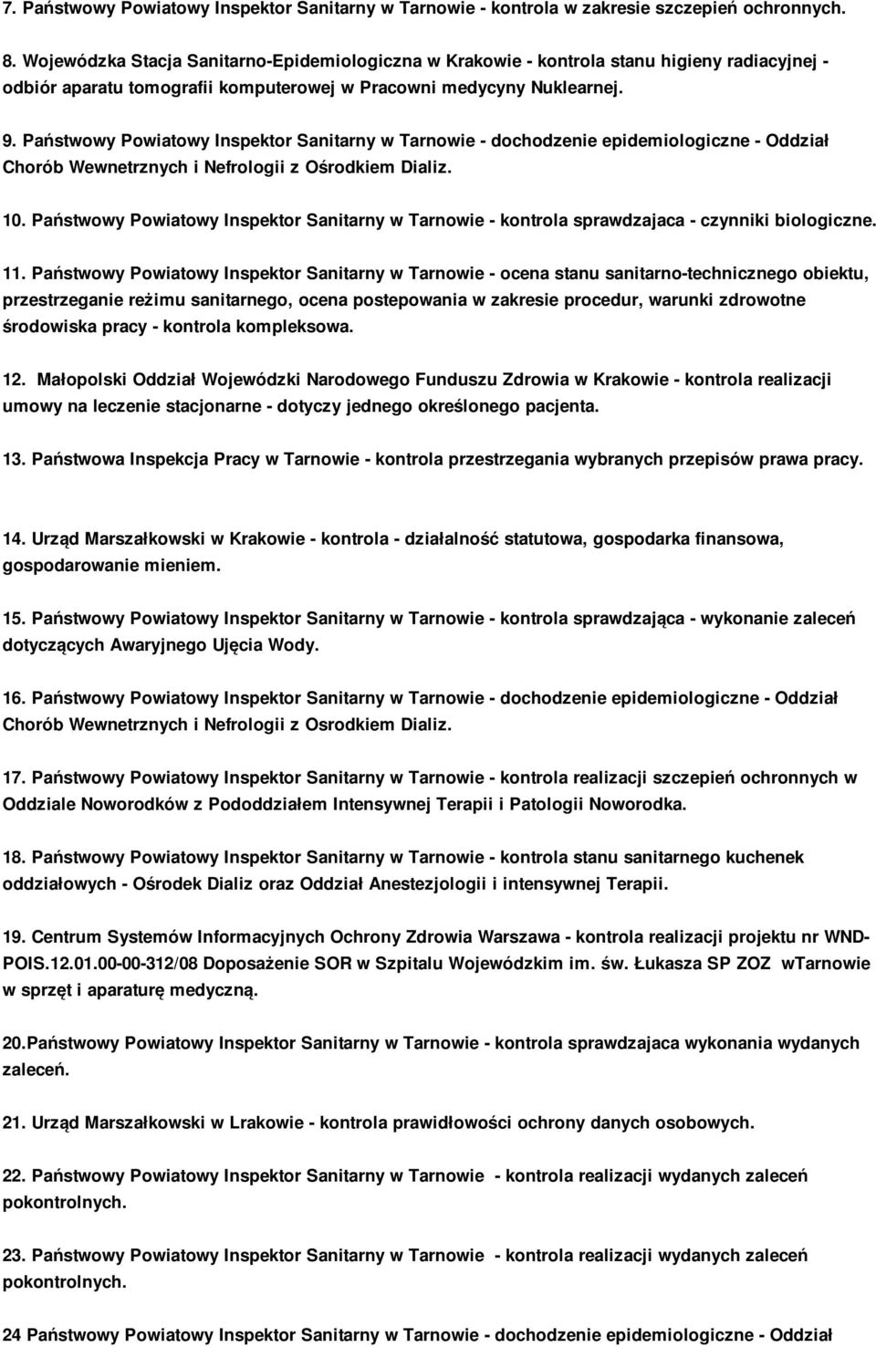 Państwowy Powiatowy Inspektor Sanitarny w Tarnowie - dochodzenie epidemiologiczne - Oddział Chorób Wewnetrznych i Nefrologii z Ośrodkiem Dializ. 10.