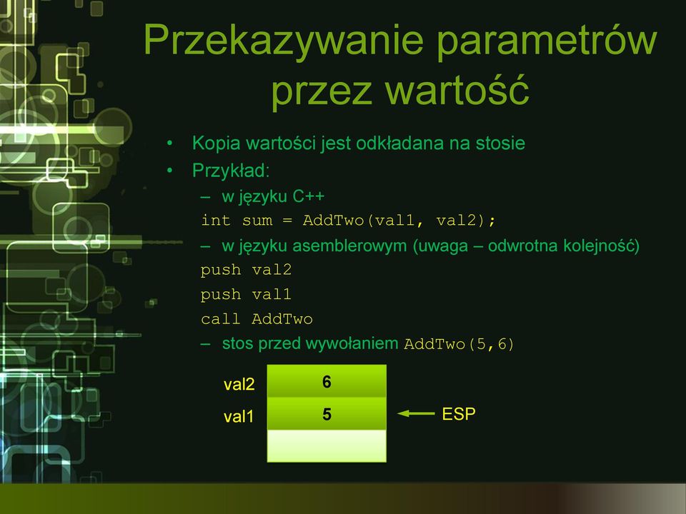 val2); w języku asemblerowym (uwaga odwrotna kolejność) push val2