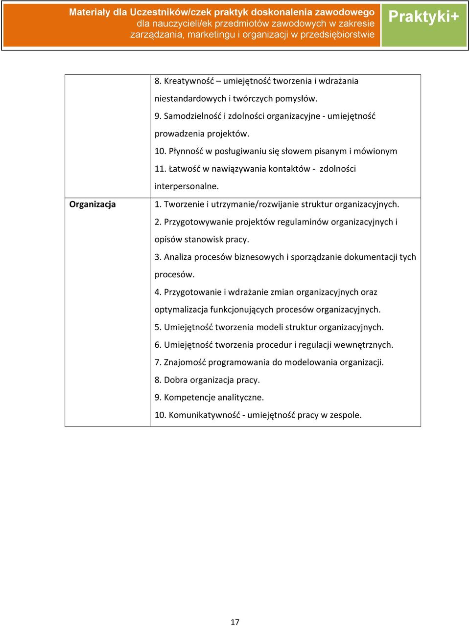 Przygotowywanie projektów regulaminów organizacyjnych i opisów stanowisk pracy. 3. Analiza procesów biznesowych i sporządzanie dokumentacji tych procesów. 4.