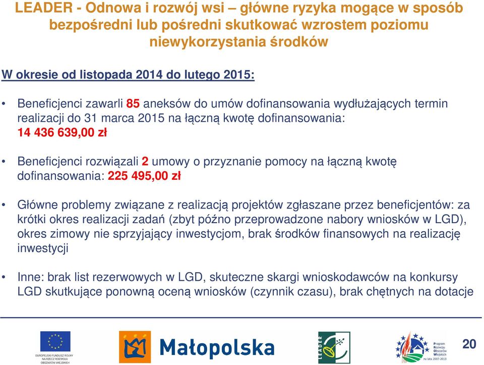 łączną kwotę dofinansowania: 225 495,00 zł Główne problemy związane z realizacją projektów zgłaszane przez beneficjentów: za krótki okres realizacji zadań (zbyt późno przeprowadzone nabory wniosków w