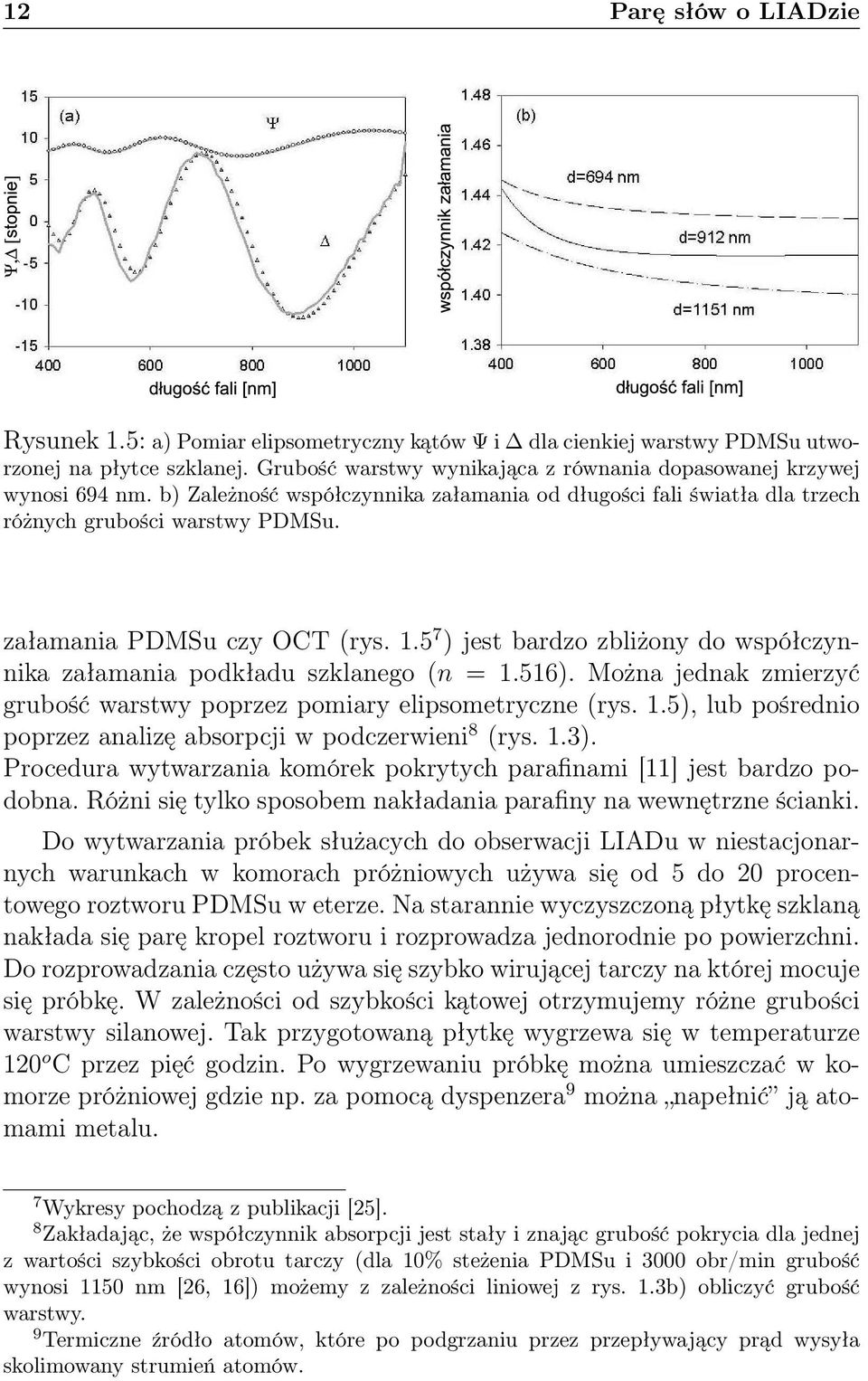 załamania PDMSu czy OCT (rys. 1.5 7 ) jest bardzo zbliżony do współczynnika załamania podkładu szklanego (n = 1.516). Można jednak zmierzyć grubość warstwy poprzez pomiary elipsometryczne (rys. 1.5), lub pośrednio poprzez analizę absorpcji w podczerwieni 8 (rys.