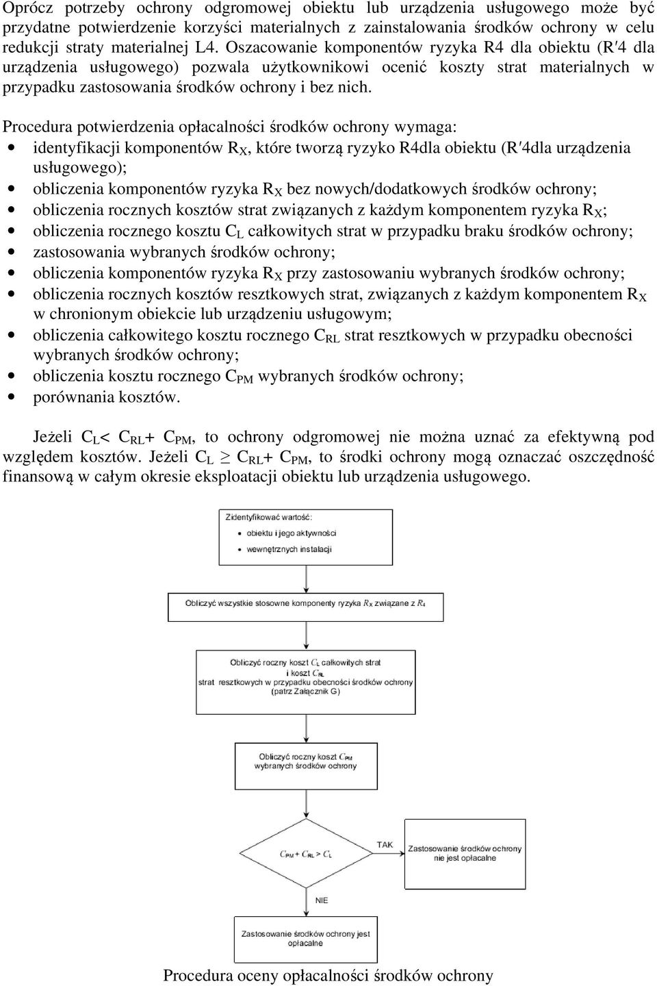 Procedura potwierdzenia opłacalności środków ochrony wymaga: identyfikacji komponentów R X, które tworzą ryzyko R4dla obiektu (R 4dla urządzenia usługowego); obliczenia komponentów ryzyka R X bez