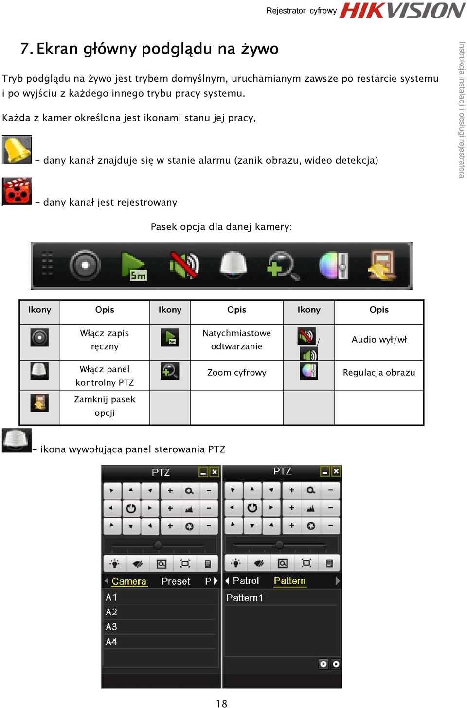 Każda z kamer określona jest ikonami stanu jej pracy, - dany kanał znajduje się w stanie alarmu (zanik obrazu, wideo detekcja) - dany kanał
