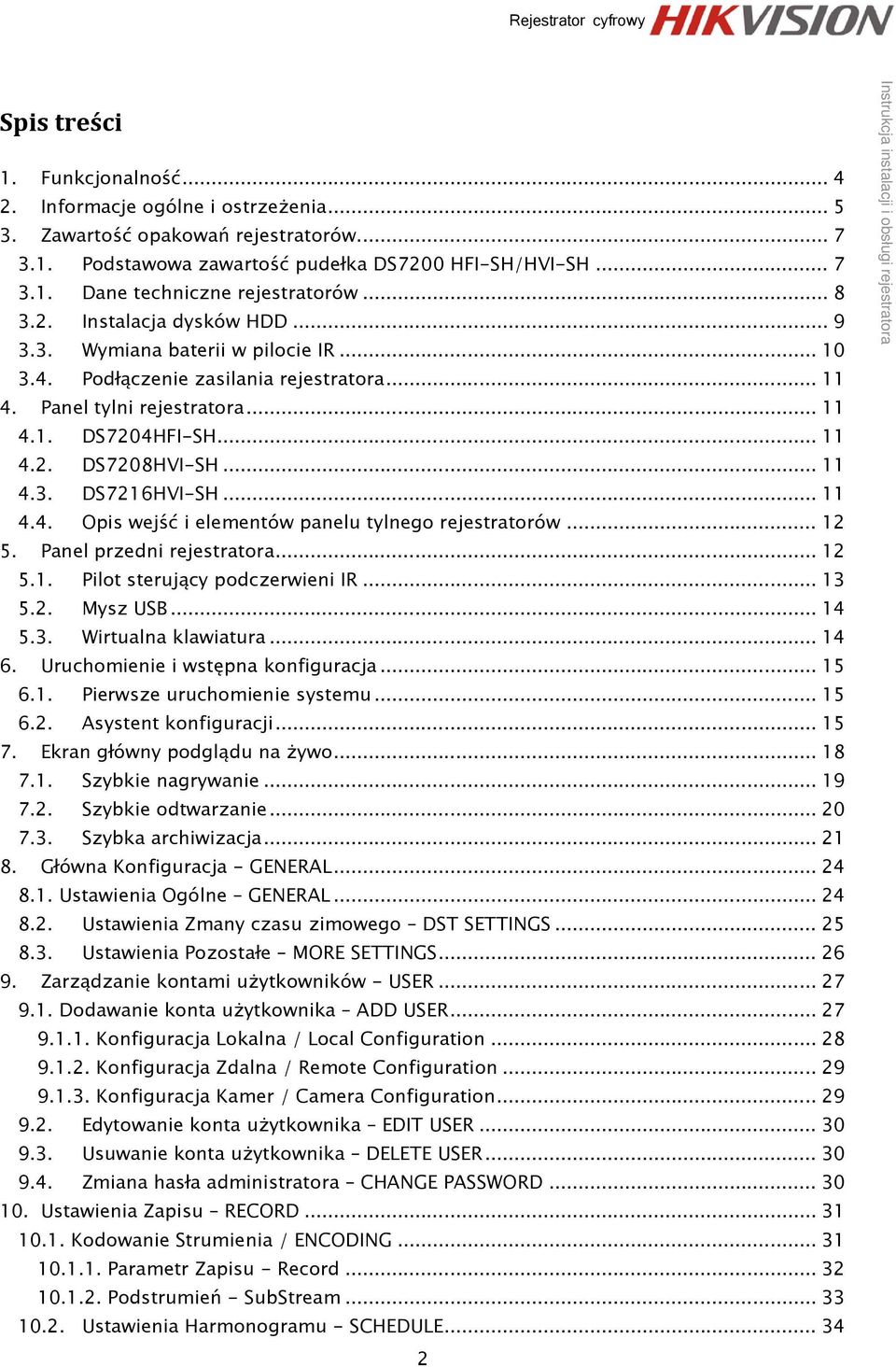 .. 11 4.3. DS7216HVI-SH... 11 4.4. Opis wejść i elementów panelu tylnego rejestratorów... 12 5. Panel przedni rejestratora... 12 5.1. Pilot sterujący podczerwieni IR... 13 5.2. Mysz USB... 14 5.3. Wirtualna klawiatura.