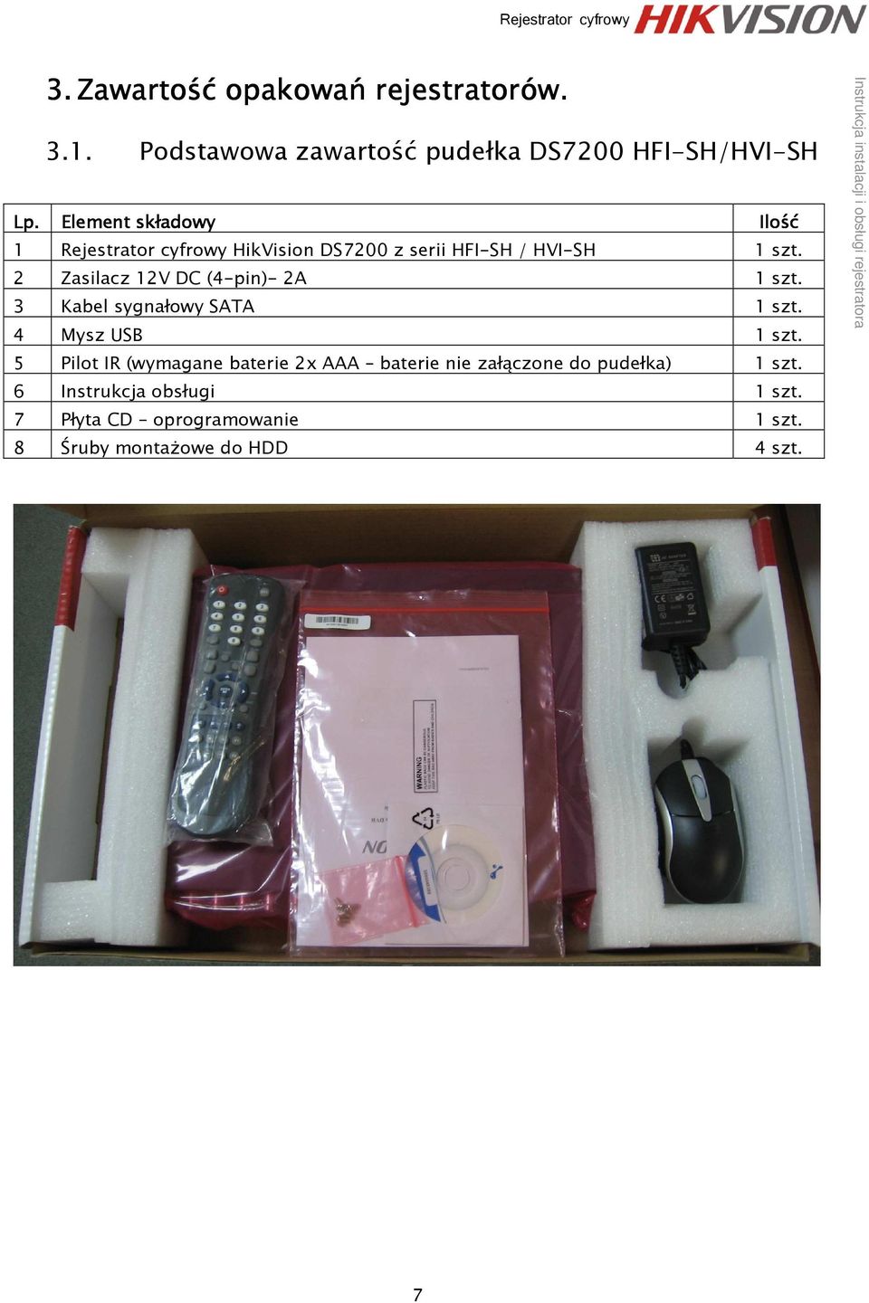 2 Zasilacz 12V DC (4-pin)- 2A 1 szt. 3 Kabel sygnałowy SATA 1 szt. 4 Mysz USB 1 szt.