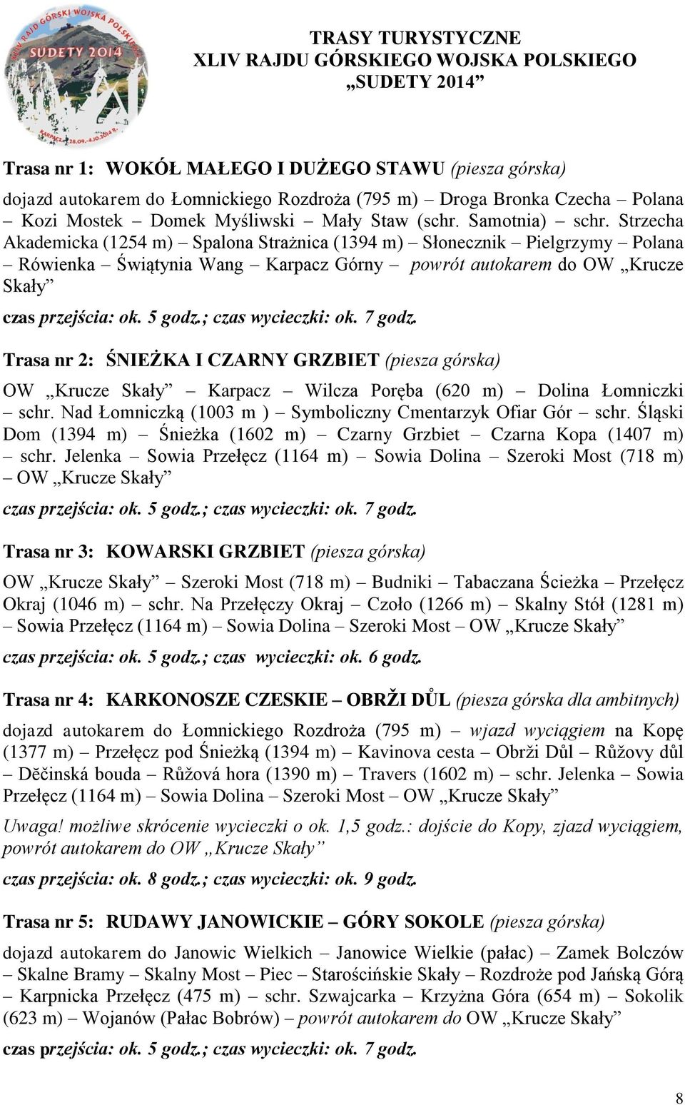 Strzecha Akademicka (1254 m) Spalona Strażnica (1394 m) Słonecznik Pielgrzymy Polana Rówienka Świątynia Wang Karpacz Górny powrót autokarem do OW Krucze Skały czas przejścia: ok. 5 godz.