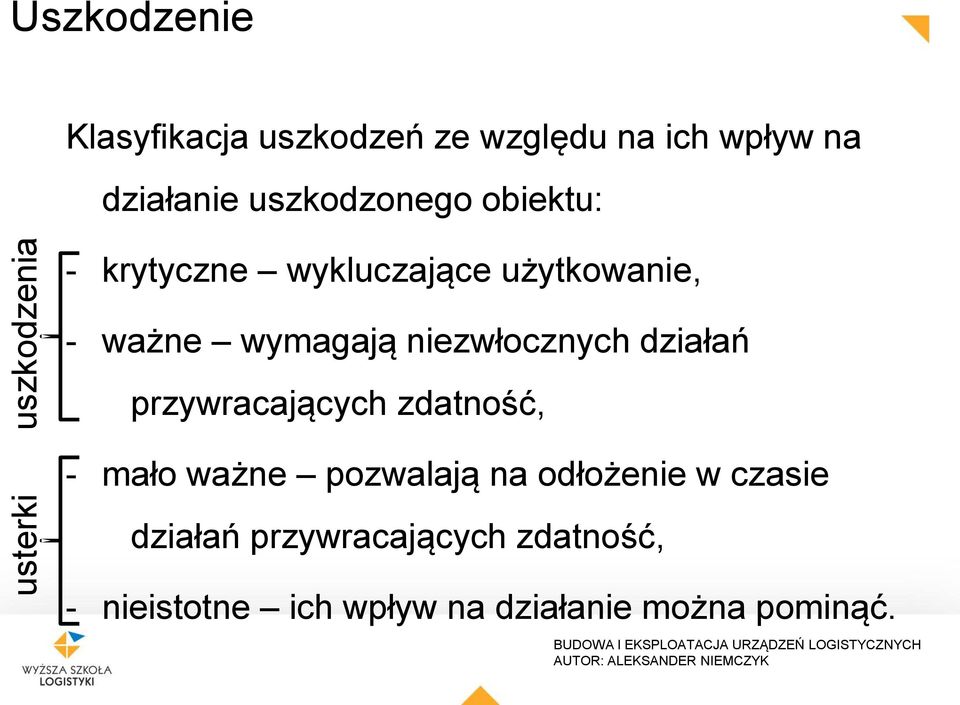 niezwłocznych działań przywracających zdatność, - mało ważne pozwalają na odłożenie w