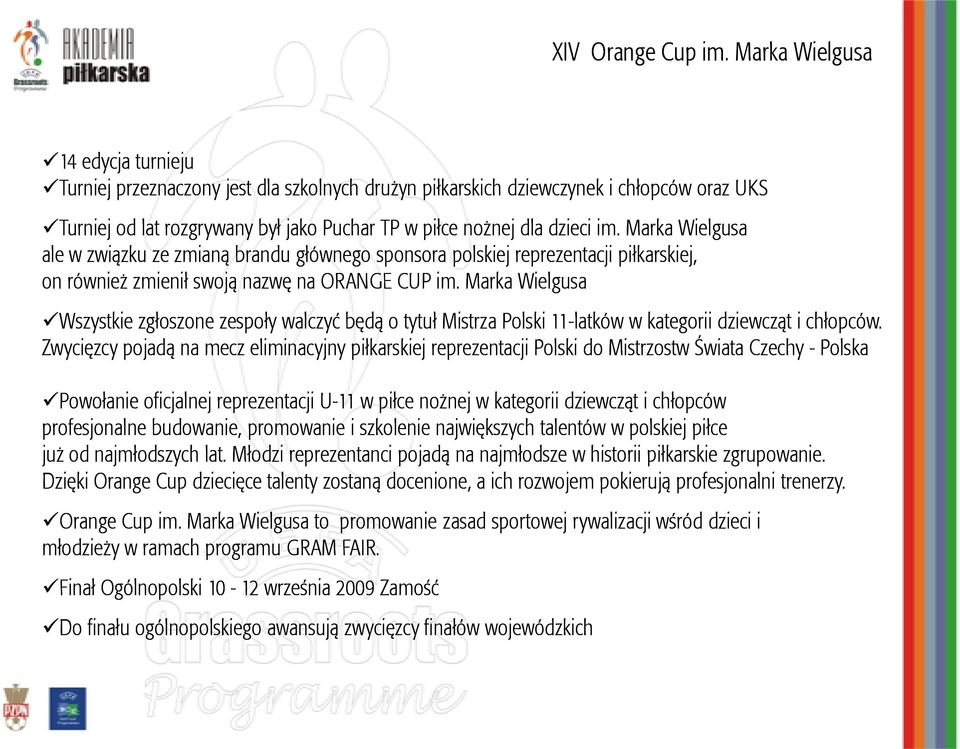 Marka Wielgusa ale w związku ze zmianą brandu głównego sponsora polskiej reprezentacji piłkarskiej, on również zmienił swoją nazwę na ORANGE CUP im.