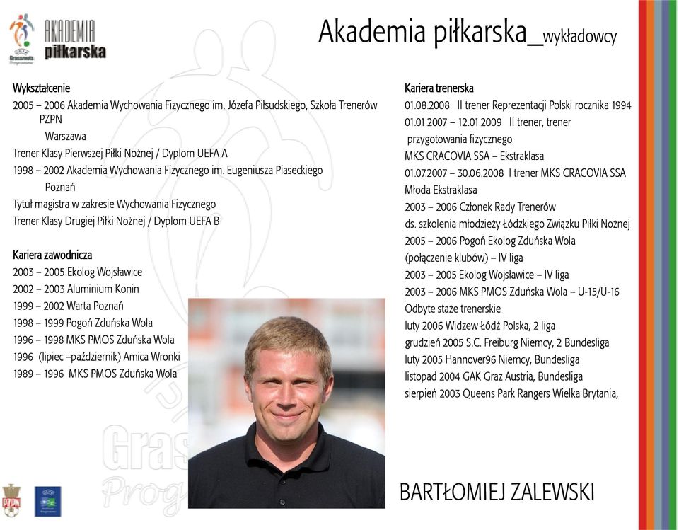 Eugeniusza Piaseckiego Poznań Tytuł magistra w zakresie Wychowania Fizycznego Trener Klasy Drugiej Piłki Nożnej / Dyplom UEFA B Kariera zawodnicza 2003 2005 Ekolog Wojsławice 2002 2003 Aluminium