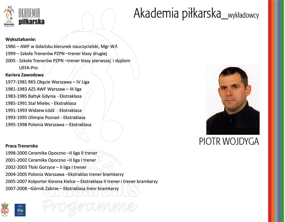 1999 Szkoła Trenerów PZPN trener klasy drugiej 2005 - Szkoła Trenerów PZPN trener klasy pierwszej i dyplom UEFA-Pro Kariera Zawodowa 1977-19811981 RKS Okęcie Warszawa IV Liga 1981-19831983 AZS AWF