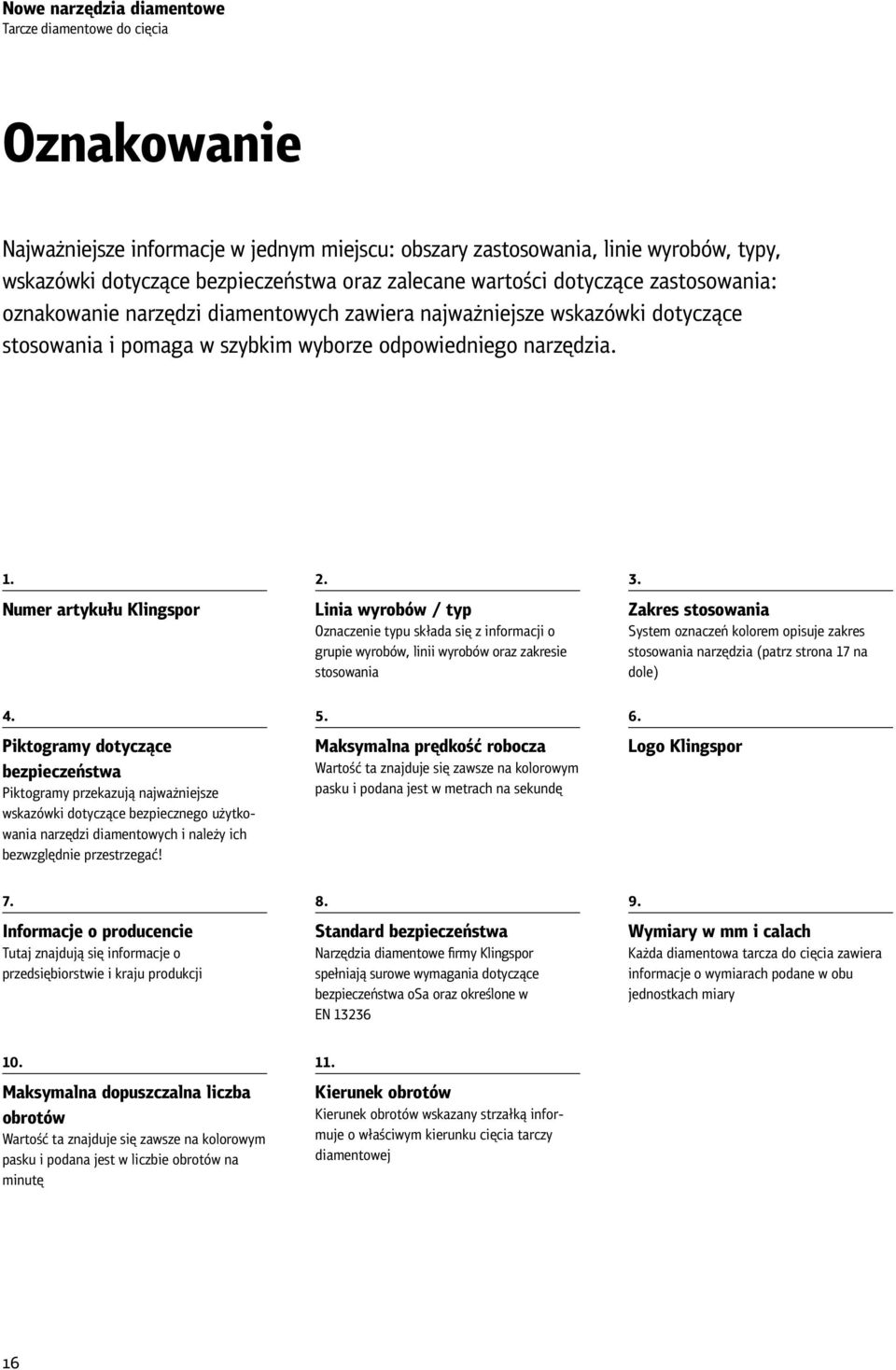 Numer Klingspor 2. Linia wyrobów / typ Oznaczenie typu składa się z informacji o grupie wyrobów, linii wyrobów oraz zakresie stosowania 3.