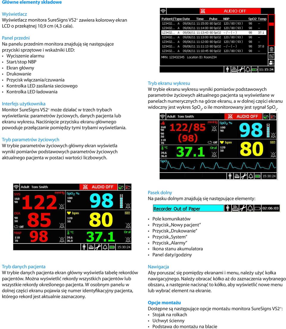 LED zasilania sieciowego Kontrolka LED ładowania Interfejs użytkownika Monitor SureSigns VS2+ może działać w trzech trybach wyświetlania: parametrów życiowych, danych pacjenta lub ekranu wykresu.