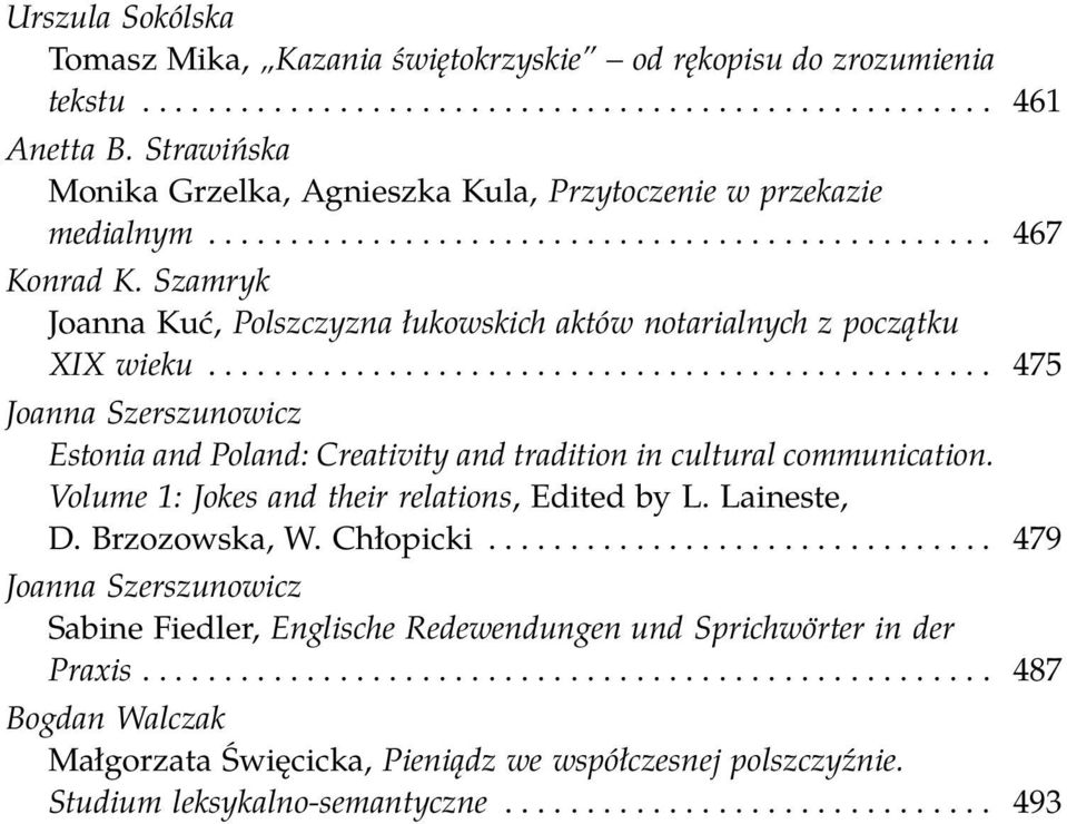 Szamryk Joanna Kuć, Polszczyzna łukowskich aktów notarialnych z początku XIX wieku................................................ 475 Joanna Szerszunowicz Estonia and Poland: Creativity and tradition in cultural communication.