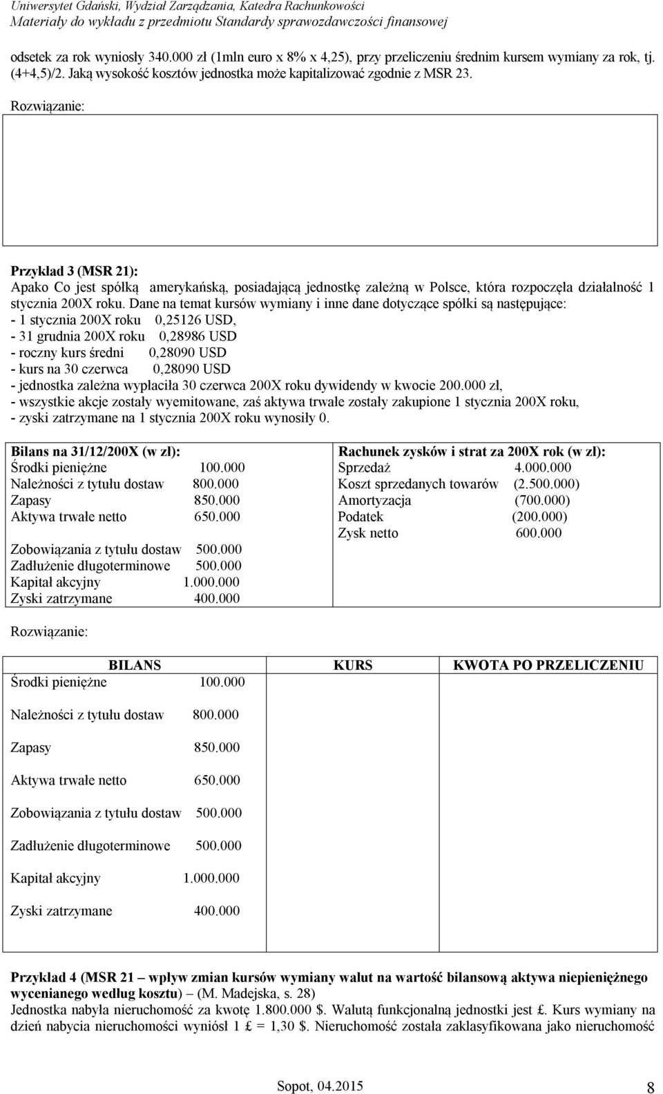 Dane na temat kursów wymiany i inne dane dotyczące spółki są następujące: - 1 stycznia 200X roku 0,25126 USD, - 31 grudnia 200X roku 0,28986 USD - roczny kurs średni 0,28090 USD - kurs na 30 czerwca