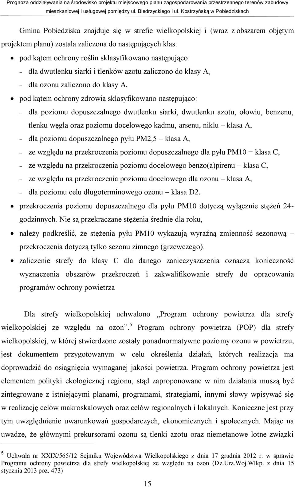 azotu, ołowiu, benzenu, tlenku węgla oraz poziomu docelowego kadmu, arsenu, niklu klasa A, dla poziomu dopuszczalnego pyłu PM2,5 klasa A, ze względu na przekroczenia poziomu dopuszczalnego dla pyłu