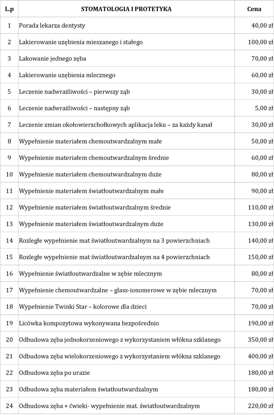Wypełnienie materiałem chemoutwardzalnym średnie 60,00 zł 10 Wypełnienie materiałem chemoutwardzalnym duże 80,00 zł 11 Wypełnienie materiałem światłoutwardzalnym małe 90,00 zł 12 Wypełnienie