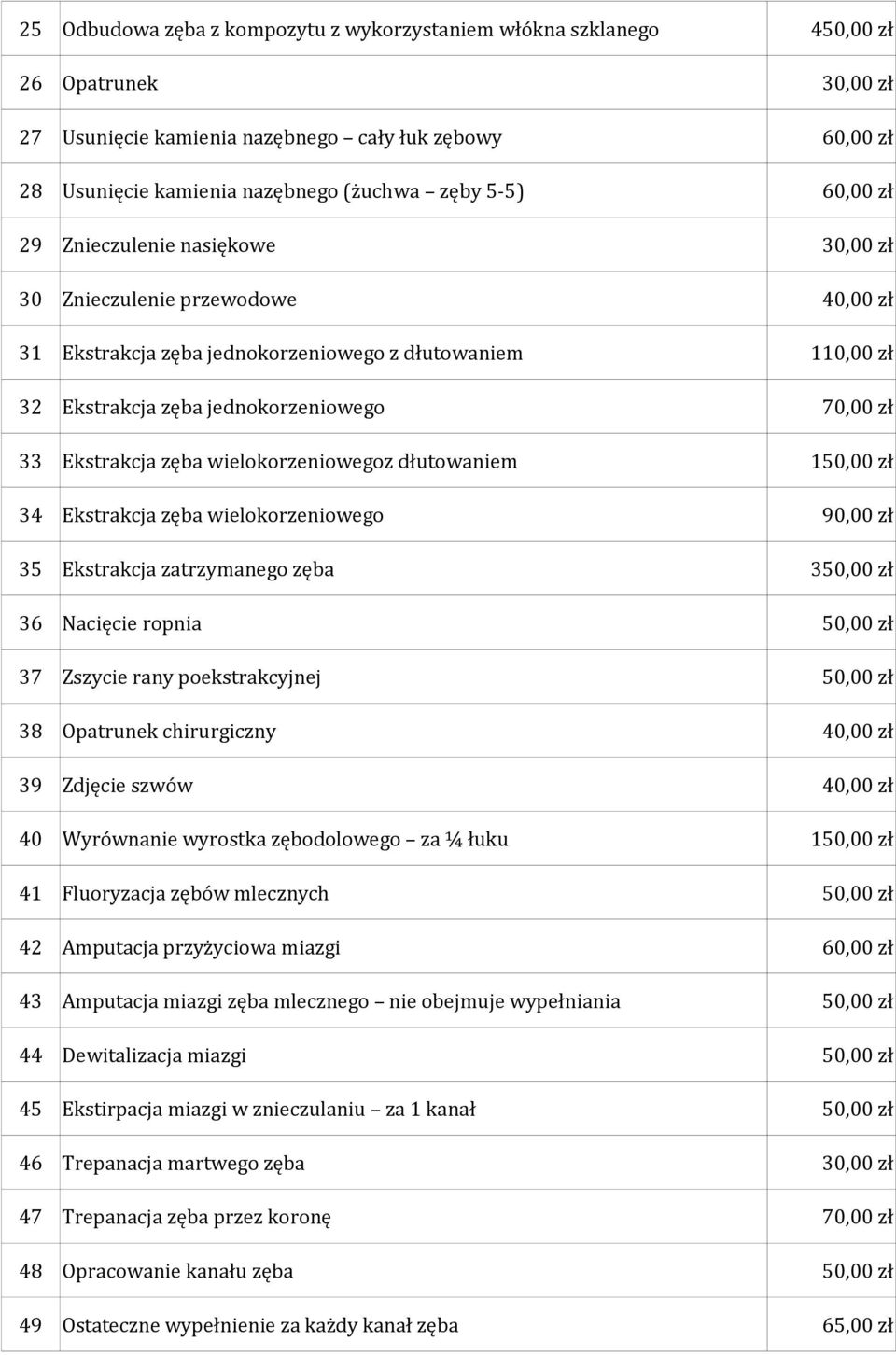 dłutowaniem 1 34 Ekstrakcja zęba wielokorzeniowego 90,00 zł 35 Ekstrakcja zatrzymanego zęba 3 36 Nacięcie ropnia 37 Zszycie rany poekstrakcyjnej 38 Opatrunek chirurgiczny 40,00 zł 39 Zdjęcie szwów
