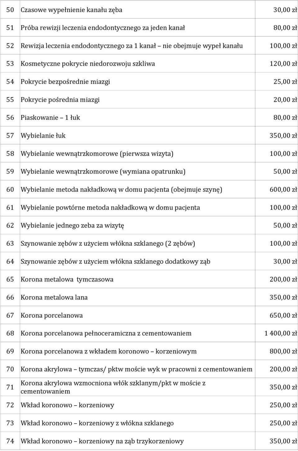 (pierwsza wizyta) 59 Wybielanie wewnątrzkomorowe (wymiana opatrunku) 60 Wybielanie metoda nakładkową w domu pacjenta (obejmuje szynę) 600,00 zł 61 Wybielanie powtórne metoda nakładkową w domu