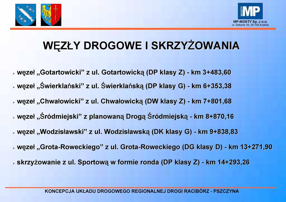Chwałowick owicką (DW klasy Z) - km 7+801,68 węzeł Śródmiejski z planowaną Drogą Śródmiejską - km 8+870,16 węzeł Wodzisławski z ul.