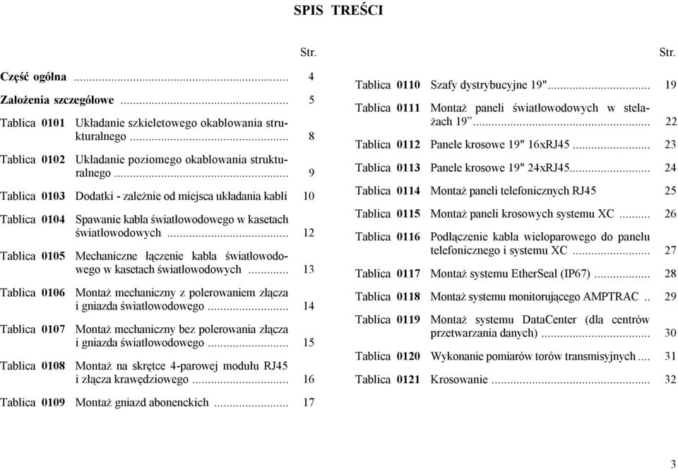 .. 12 Tablica 0105 Mechaniczne łączenie kabla światłowodowego w kasetach światłowodowych... 13 Tablica 0106 Montaż mechaniczny z polerowaniem złącza i gniazda światłowodowego.