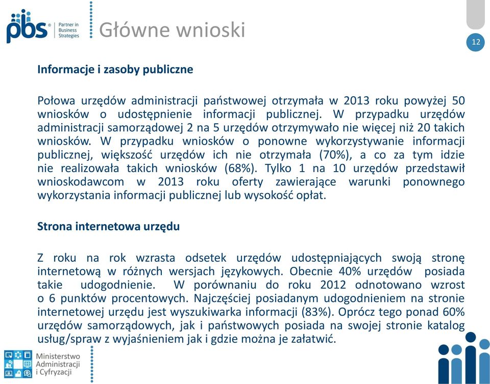 W przypadku wniosków o ponowne wykorzystywanie informacji publicznej, większość urzędów ich nie otrzymała (70%), a co za tym idzie nie realizowała takich wniosków (68%).