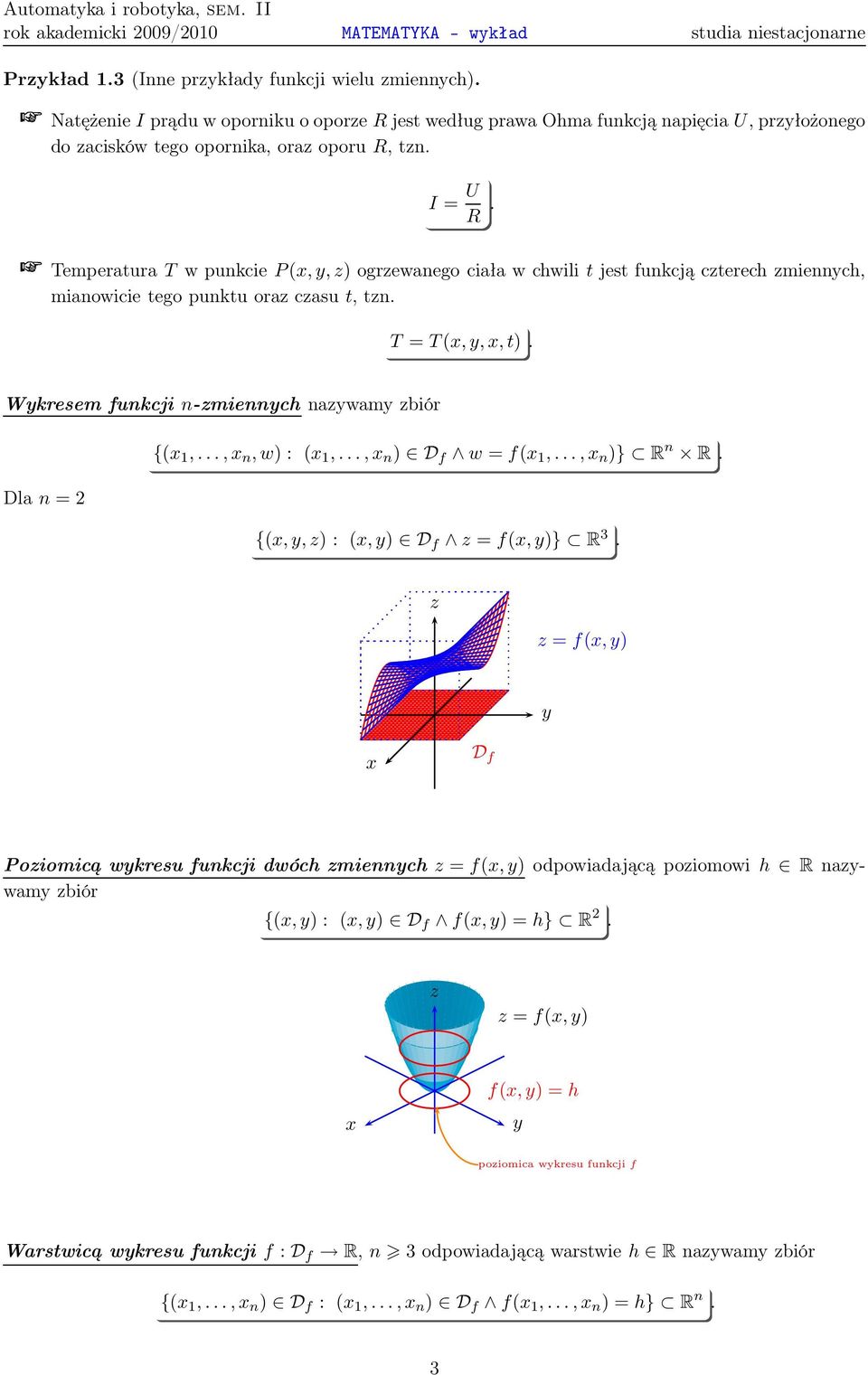 T=T(,,,t) Wkresem funkcjin-miennch nawam biór {( 1,, n,w): ( 1,, n ) D f w=f( 1,, n )} R n R Dlan=2 {(,,): (,) D f =f(,)} R 3 =f(,) D f Poiomicą wkresu funkcji dwóch miennch = f(, ) odpowiadającą