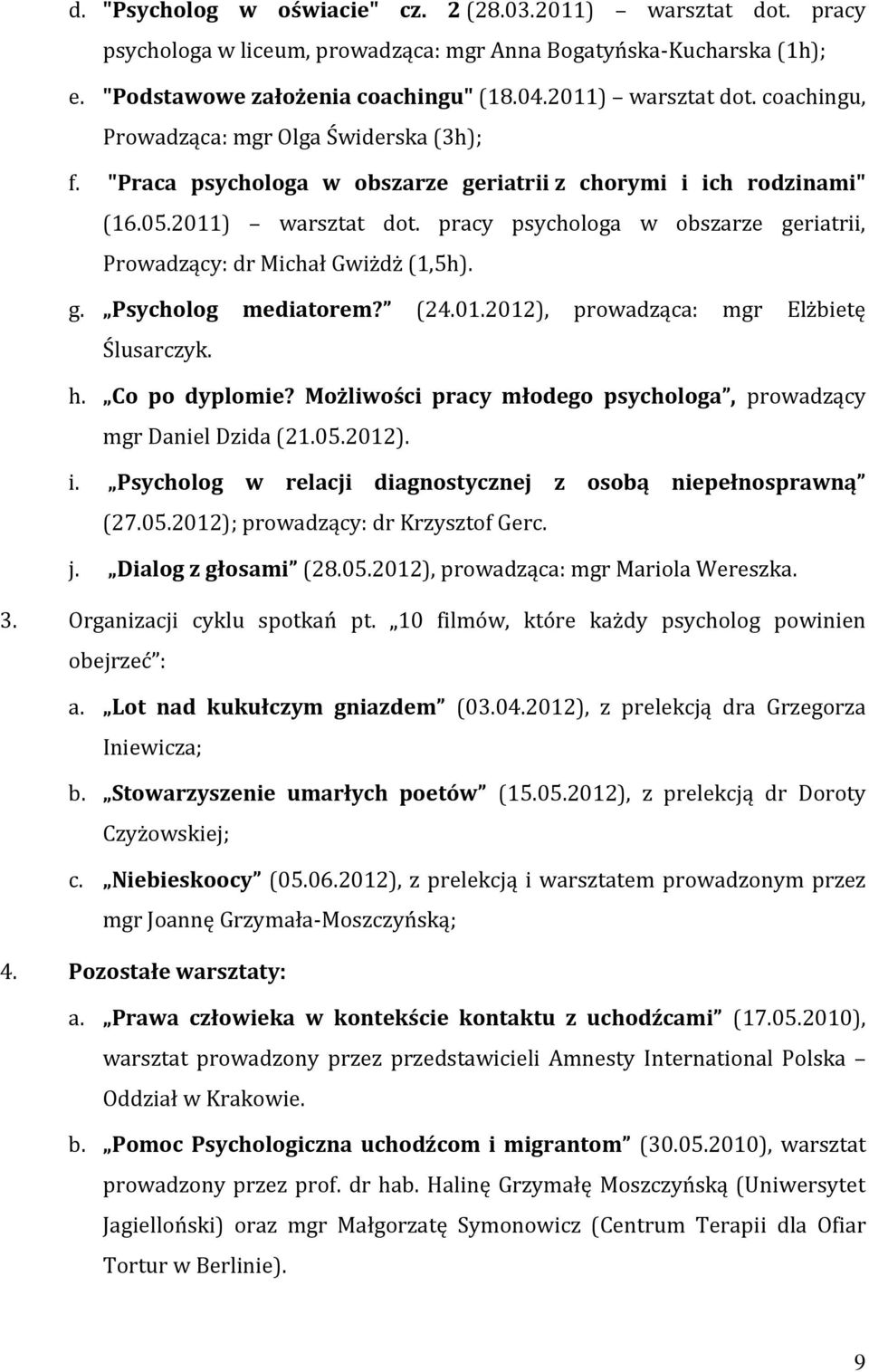 01.2012), prowadząca: mgr Elżbietę Ślusarczyk. h. Co po dyplomie? Możliwości pracy młodego psychologa, prowadzący mgr Daniel Dzida (21.05.2012). i.