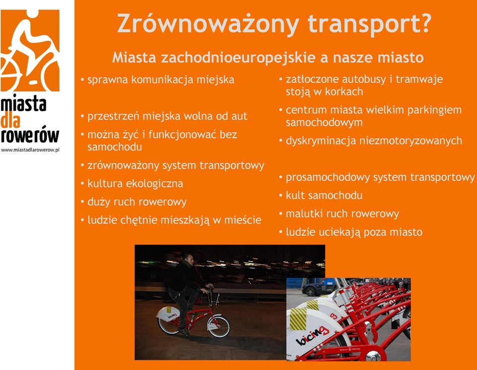 funkcjonować bez samochodu zrównoważony system transportowy kultura ekologiczna duży ruch rowerowy ludzie chętnie mieszkają