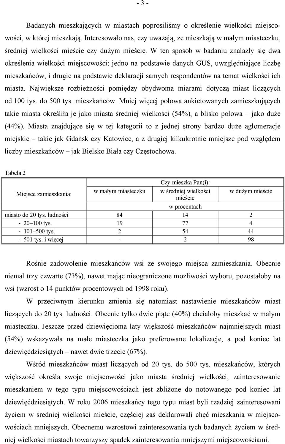 W ten sposób w badaniu znalazły się dwa określenia wielkości miejscowości: jedno na podstawie danych GUS, uwzględniające liczbę mieszkańców, i drugie na podstawie deklaracji samych respondentów na