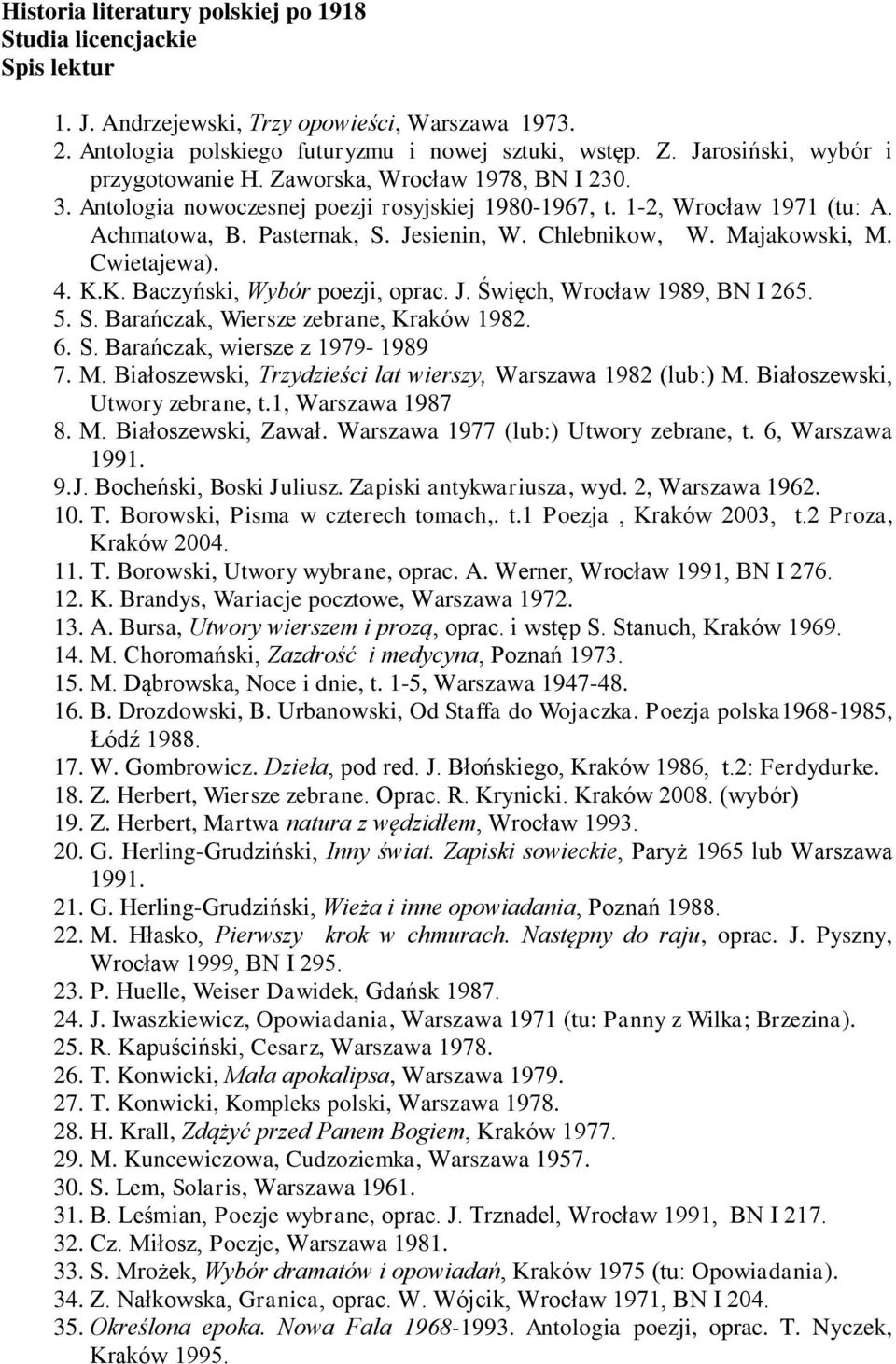 Chlebnikow, W. Majakowski, M. Cwietajewa). 4. K.K. Baczyński, Wybór poezji, oprac. J. Święch, Wrocław 1989, BN I 265. 5. S. Barańczak, Wiersze zebrane, Kraków 1982. 6. S. Barańczak, wiersze z 1979-1989 7.