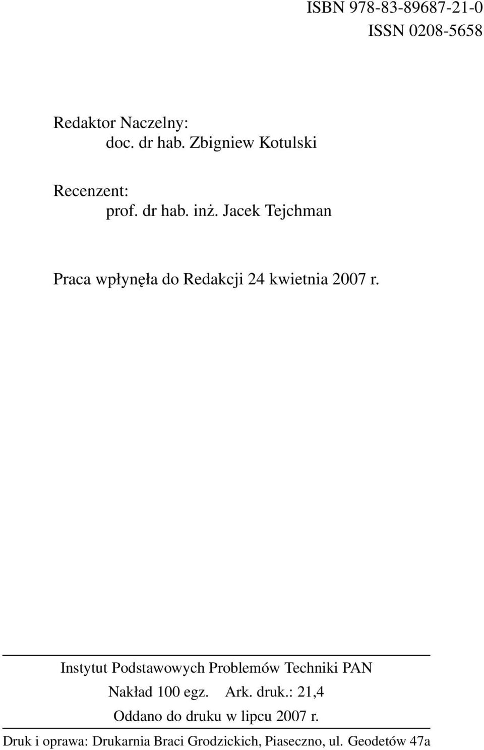 Jacek Tejchman Praca wpłynęła do Redakcji 24 kwietnia 2007 r.