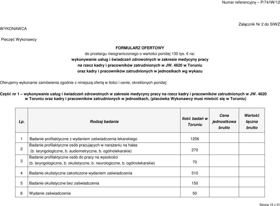 4620 w Toruniu oraz kadry i pracowników zatrudnionych w jednostkach wg wykazu Oferujemy wykonanie zamówienia zgodnie z niniejszą ofertą w ilości i cenie, określonych poniŝej: Część nr 1 wykonywanie