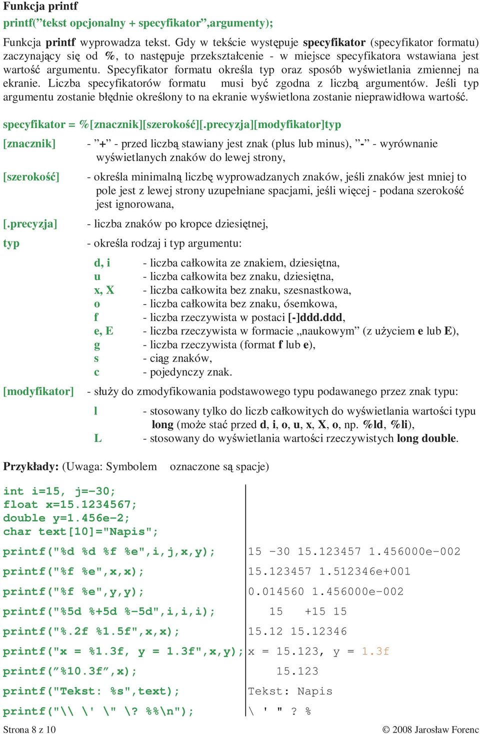 Specyfikator formatu okre la typ oraz sposób wy wietlania zmiennej na ekranie. Liczba specyfikatorów formatu musi by zgodna z liczb argumentów.