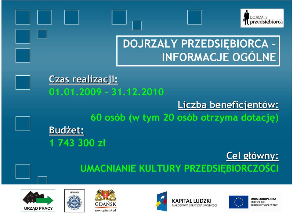 2010 Liczba beneficjentów: 60 osób (w tym 20 osób