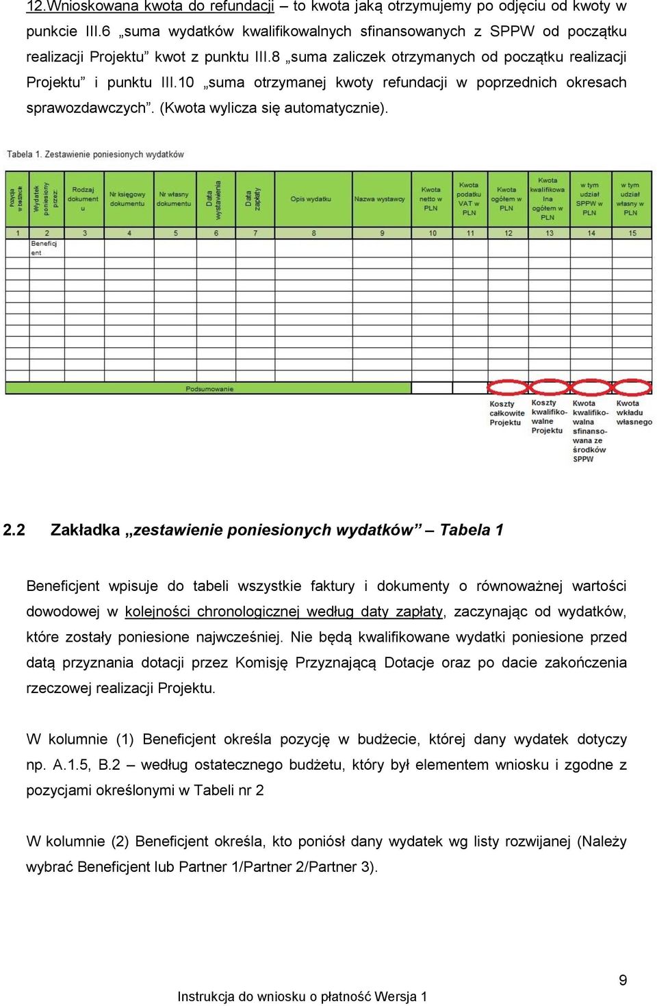 2 Zakładka zestawienie poniesionych wydatków Tabela 1 Beneficjent wpisuje do tabeli wszystkie faktury i dokumenty o równoważnej wartości dowodowej w kolejności chronologicznej według daty zapłaty,