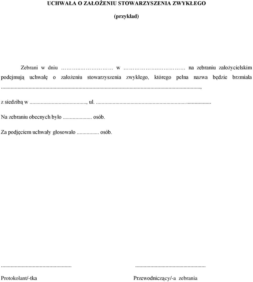 na zebraniu założycielskim podejmują uchwałę o założeniu stowarzyszenia zwykłego,