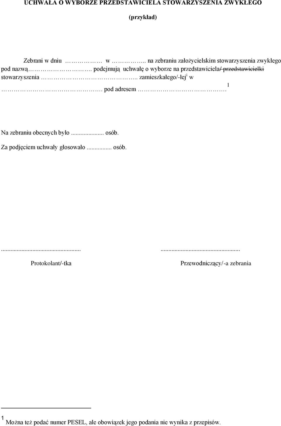 podejmują uchwałę o wyborze na przedstawiciela/ przedstawicielki stowarzyszenia.. zamieszkałego/-łej i w.