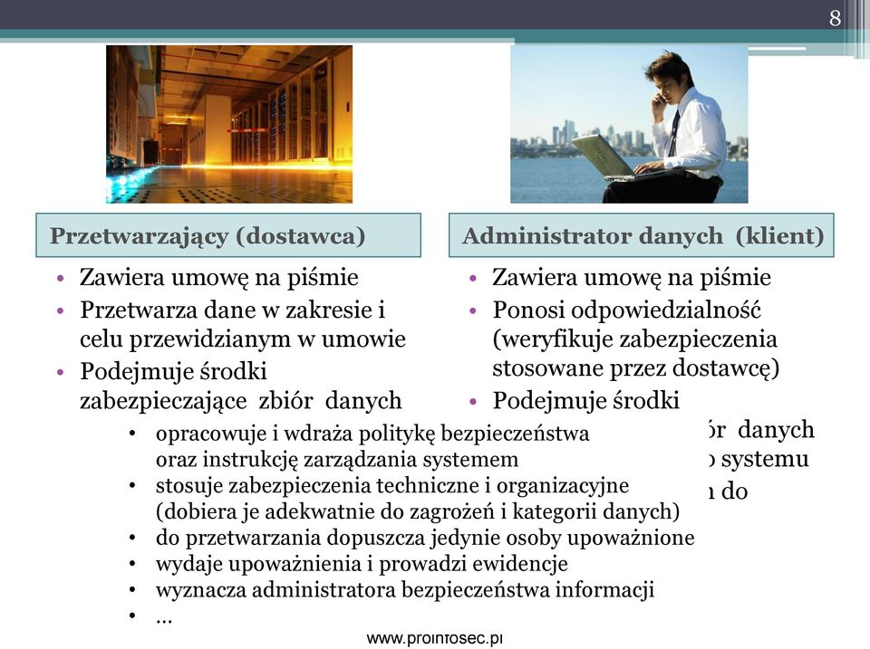 systemu Zgłasza zbiór danych do opracowuje i wdraża politykę bezpieczeństwa oraz instrukcję zarządzania systemem stosuje zabezpieczenia techniczne i organizacyjne (dobiera je