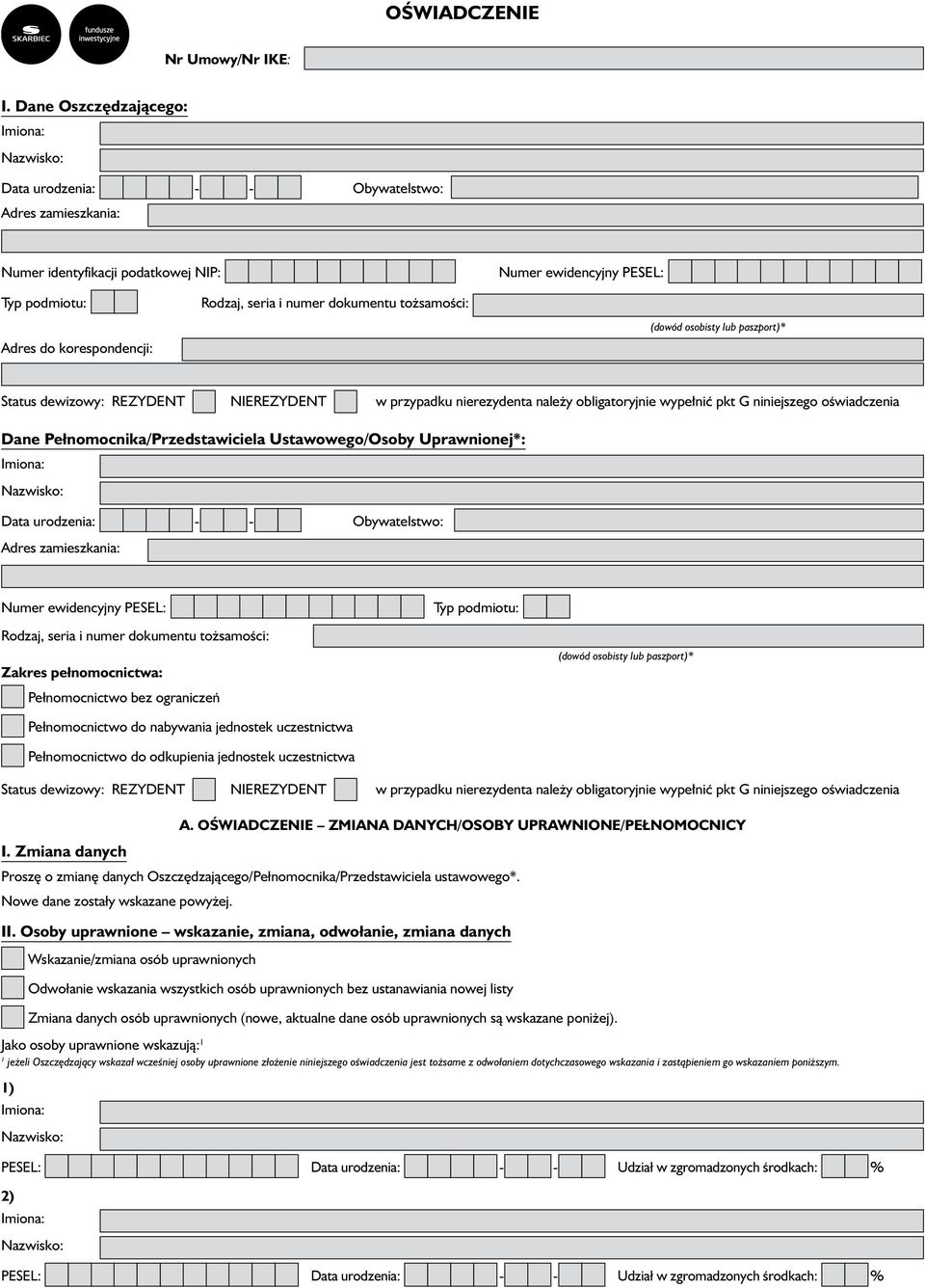 Adres do korespondencji: (dowód osobisty lub paszport)* Status dewizowy: REZYDENT NIEREZYDENT w przypadku nierezydenta nale y obligatoryjnie wype niç pkt G niniejszego oêwiadczenia Dane