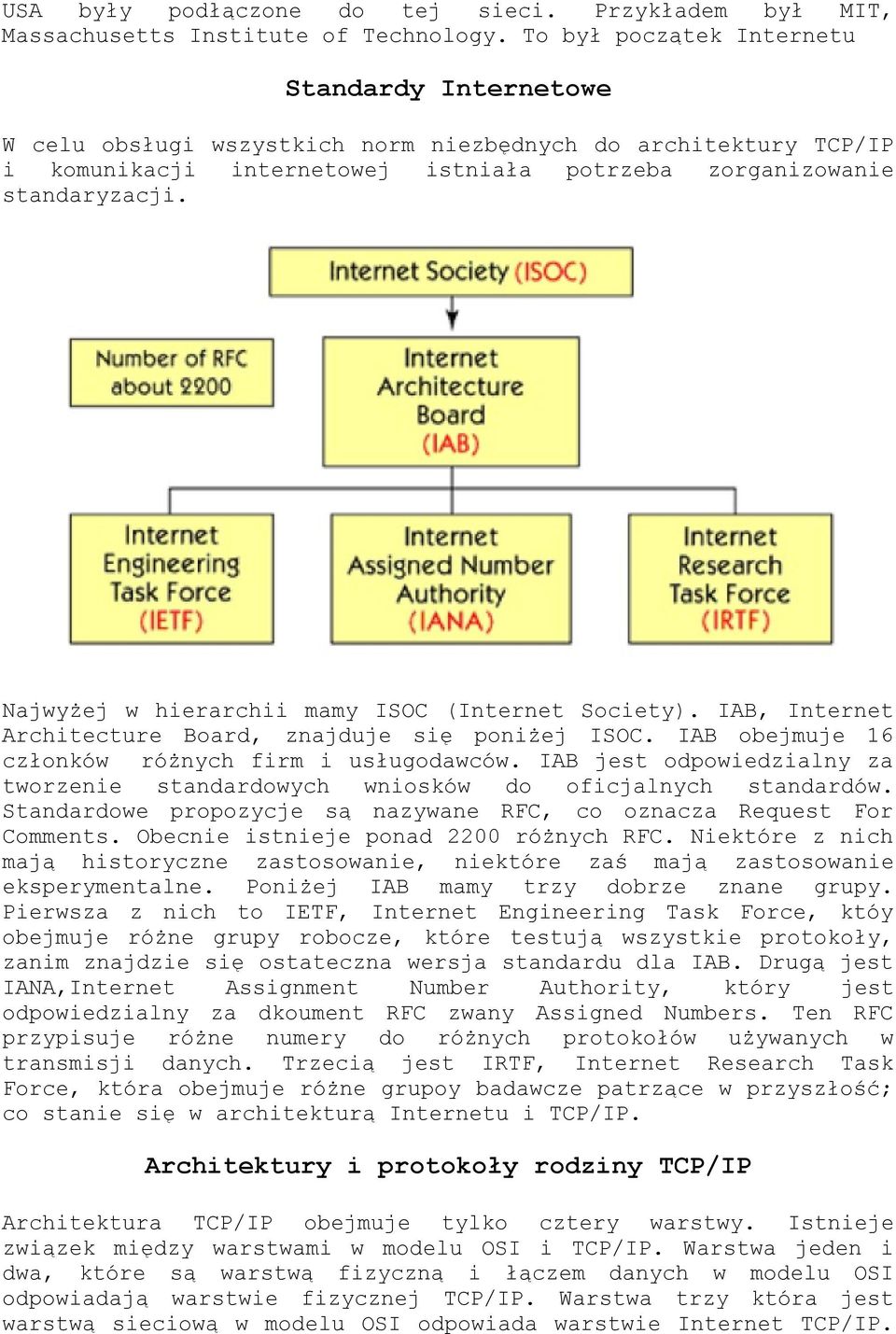 Najwyżej w hierarchii mamy ISOC (Internet Society). IAB, Internet Architecture Board, znajduje się poniżej ISOC. IAB obejmuje 16 członków różnych firm i usługodawców.