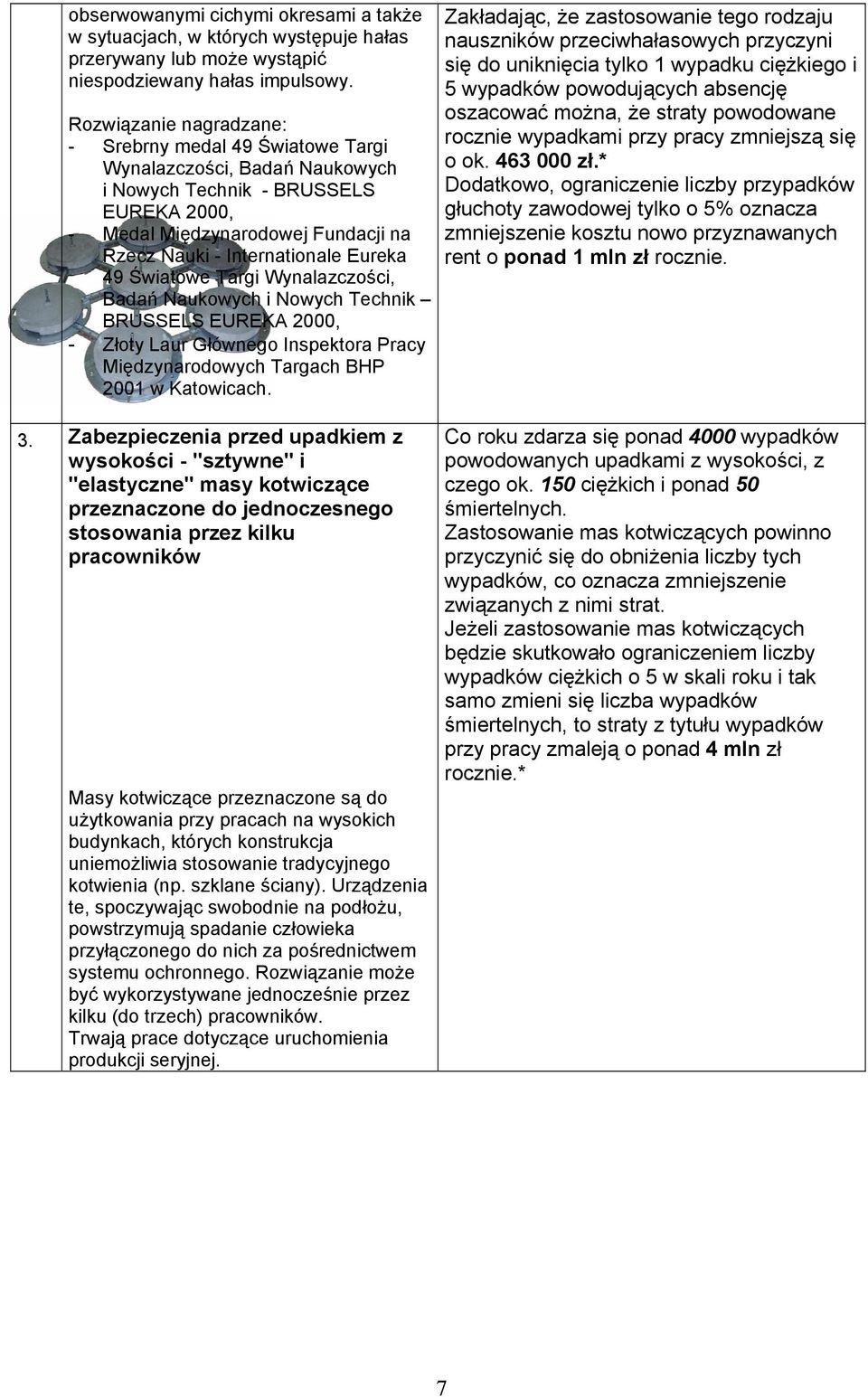 Eureka 49 Światowe Targi Wynalazczości, Badań Naukowych i Nowych Technik BRUSSELS EUREKA 2000, - Złoty Laur Głównego Inspektora Pracy Międzynarodowych Targach BHP 2001 w Katowicach.