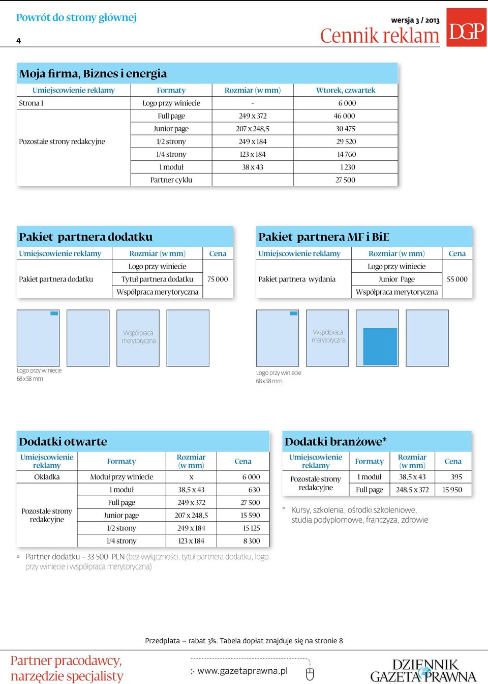 Dodatki otwarte Dodatki branżowe* Okładka Moduł przy winiecie x 38,5 x 43 630 27 500 15 590 15 125 8 300 Pozostałe strony redakcyjne 6 000 Pozostałe strony redakcyjne 38,5 x 43 248,5 x 372 *