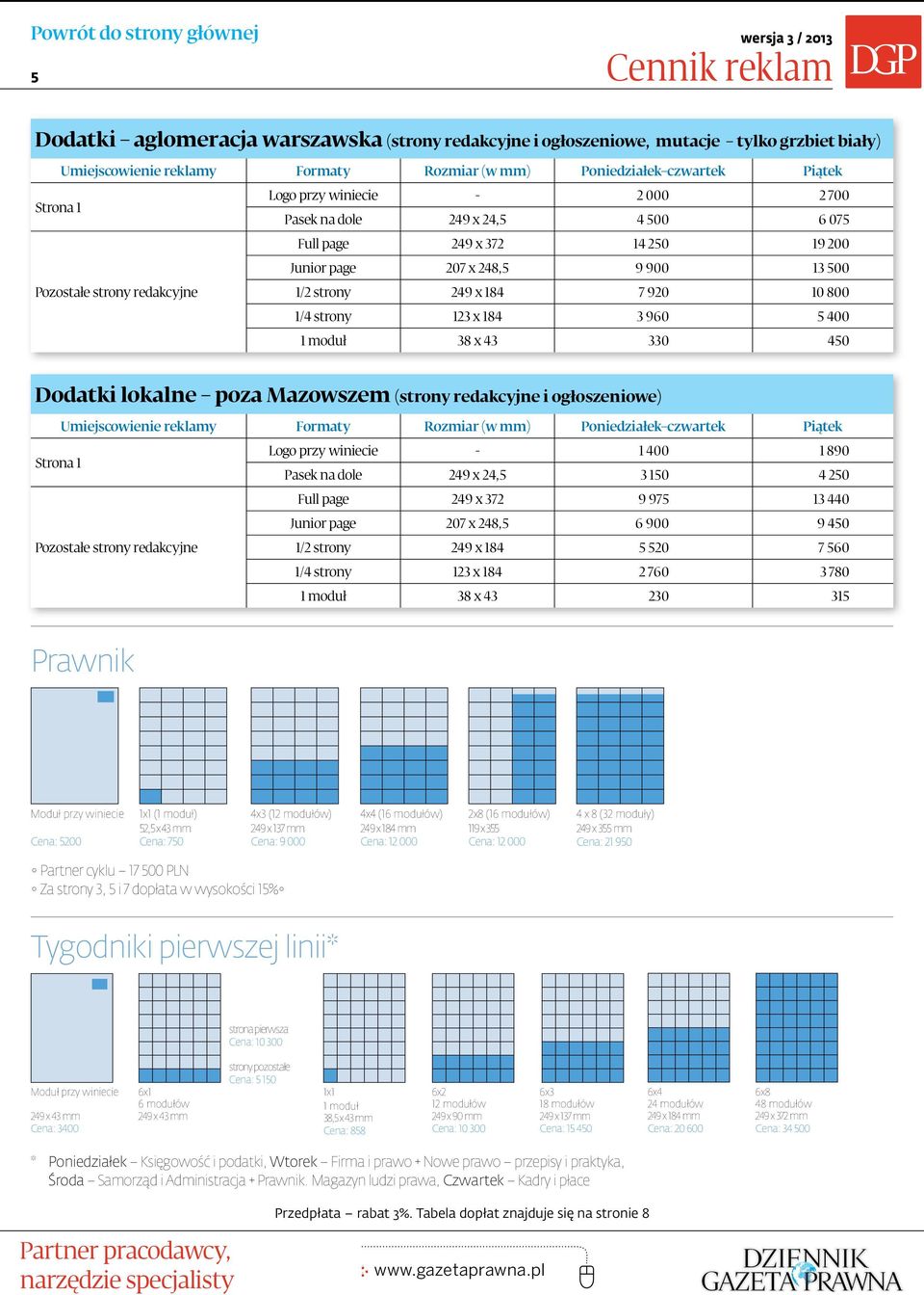 900 9 450 5 520 7 560 2 760 3 780 230 315 Prawnik Moduł przy winiecie : 5200 1x1 () 52,5 x 43 mm : 750 4x3 (12 modułów) 249 x 137 mm : 9 000 4x4 (16 modułów) mm : 12 000 2x8 (16 modułów) 119 x 355 :