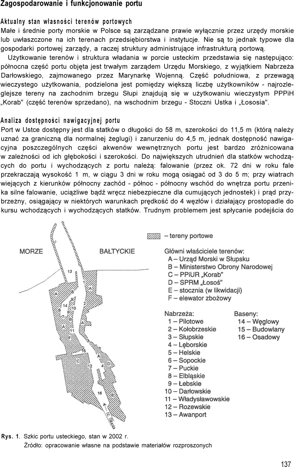 Użytkowanie terenów i struktura władania w porcie usteckim przedstawia się następująco: północna część portu objęta jest trwałym zarządem Urzędu Morskiego, z wyjątkiem Nabrzeża Darłowskiego,