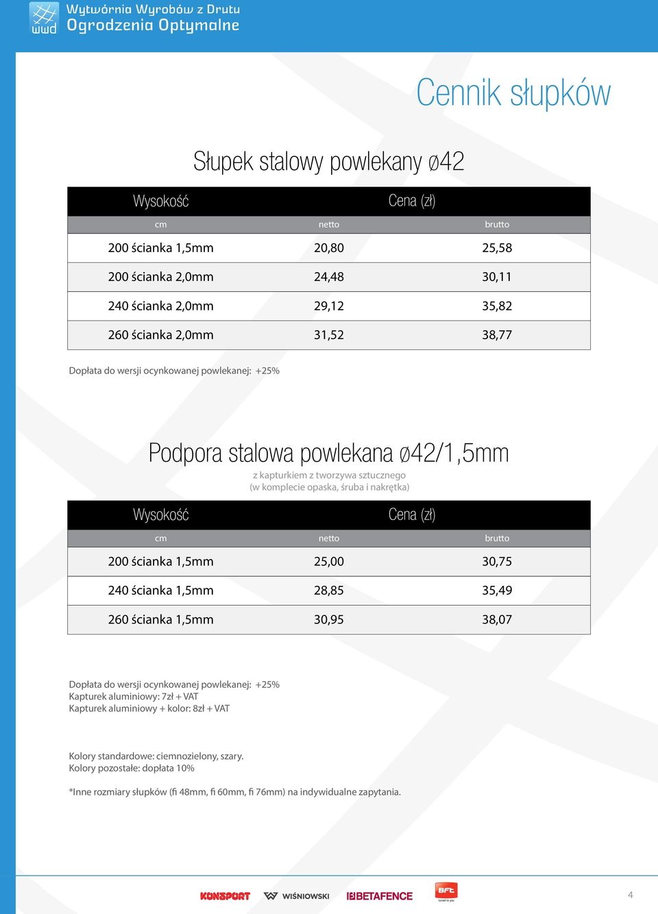 (zł) cm netto brutto 200 ścianka 1,5mm 25,00 0,75 20 ścianka 1,5mm 28,85 5,9 260 ścianka 1,5mm 0,95 8,07 Dopłata do wersji ocynkowanej powlekanej: +25% Kapturek aluminiowy: 7zł + VAT