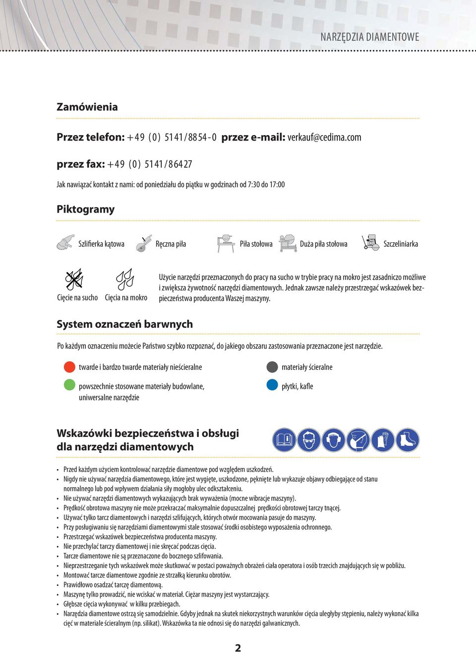 Szczeliniarka Cięcie na sucho Cięcia na mokro Użycie narzędzi przeznaczonych do pracy na sucho w trybie pracy na mokro jest zasadniczo możliwe i zwiększa żywotność narzędzi diamentowych.